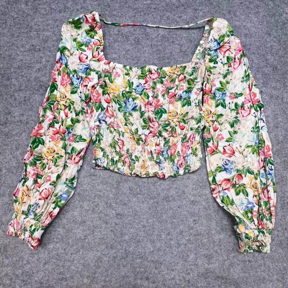 AFRM Floral Smocked Crop Top Long Balloon Sleeve Cottagecore Festival Medium